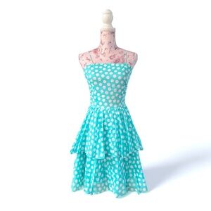 Albert Nipon Vintage Turquoise Polka Dot Ruffle Dress